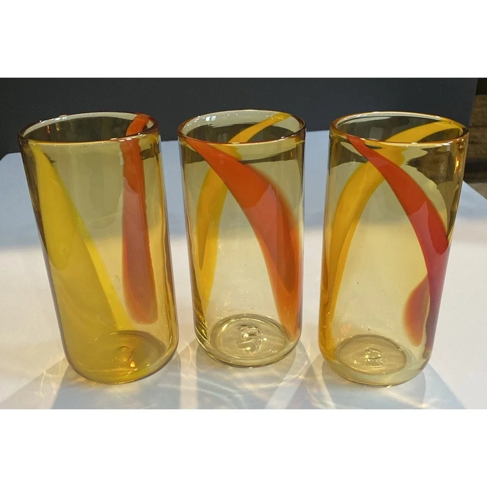 Handblown Glass Amber Glasses Orange and Red Set Of 3 6